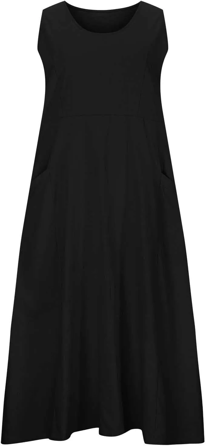 Womens Summer Casual Midi Maxi Dresses Plus Size Cotton Linen Sundresses Sleeveless Boho Flowy Dress with Pockets
