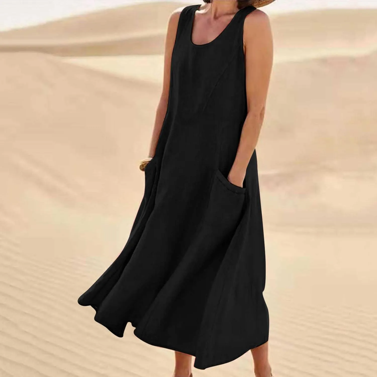 Womens Summer Casual Midi Maxi Dresses Plus Size Cotton Linen Sundresses Sleeveless Boho Flowy Dress with Pockets