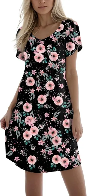 Women's Summer Dress Casual V Neck Short Sleeve Flowy Beach Loose Floral Tshirt Mini Dresses Casual, S-3XL