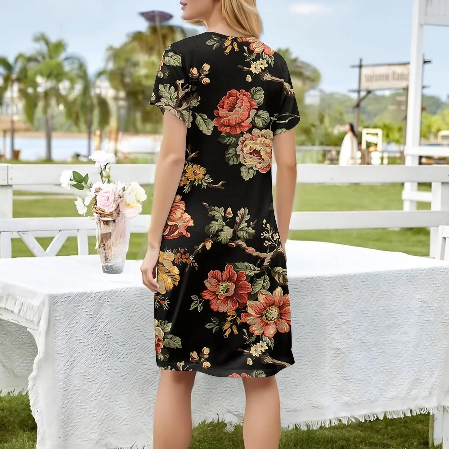 Women's Summer Dress Casual V Neck Short Sleeve Flowy Beach Loose Floral Tshirt Mini Dresses Casual, S-3XL