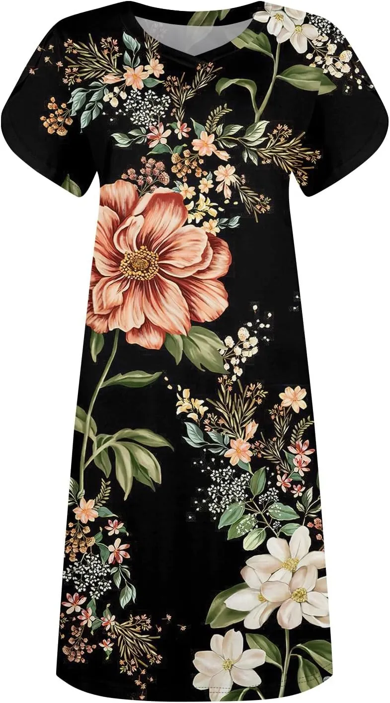 Women's Summer Dress Casual V Neck Short Sleeve Flowy Beach Loose Floral Tshirt Mini Dresses Casual, S-3XL