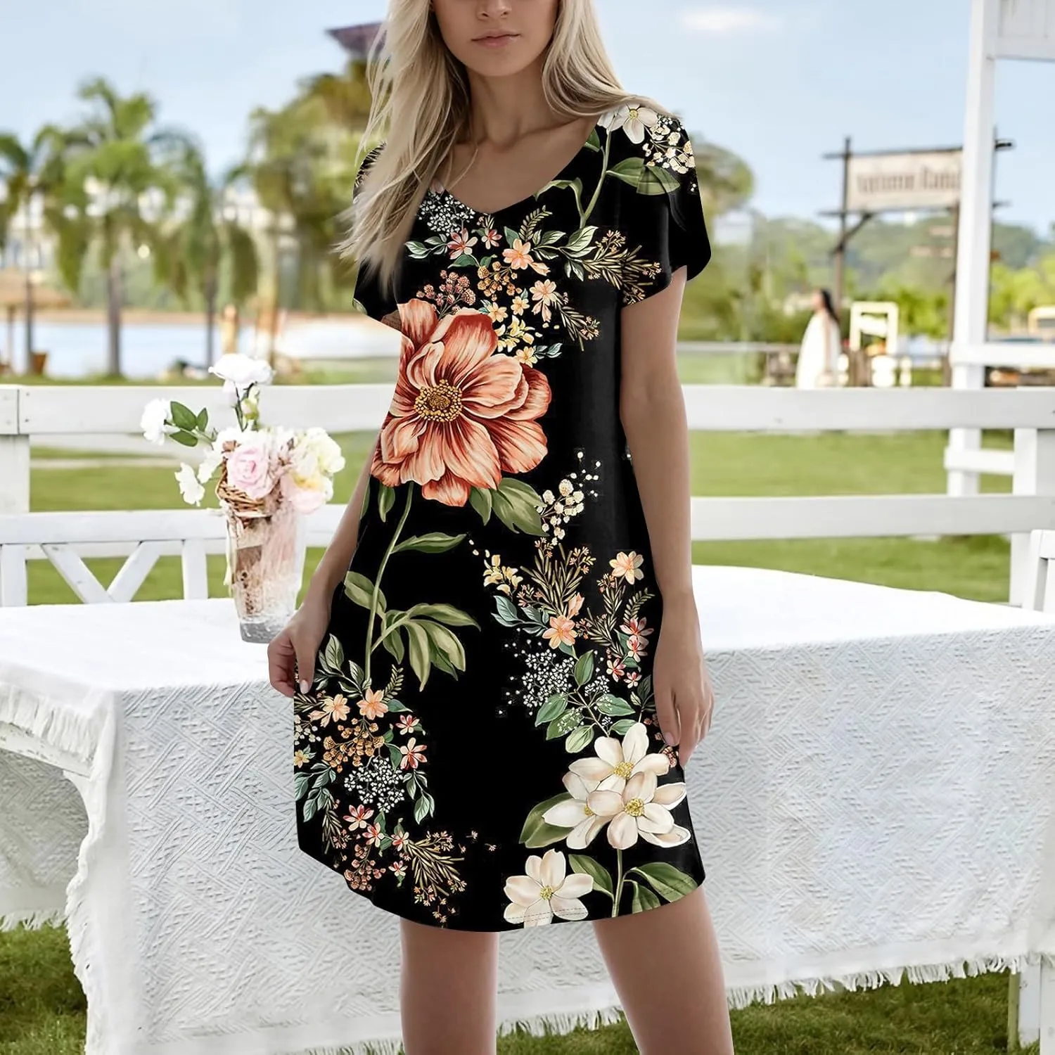 Women's Summer Dress Casual V Neck Short Sleeve Flowy Beach Loose Floral Tshirt Mini Dresses Casual, S-3XL