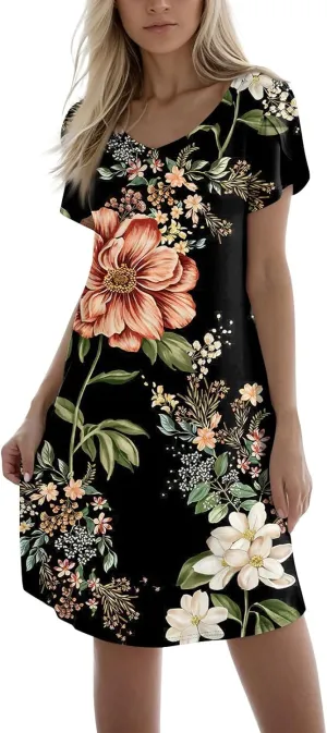 Women's Summer Dress Casual V Neck Short Sleeve Flowy Beach Loose Floral Tshirt Mini Dresses Casual, S-3XL