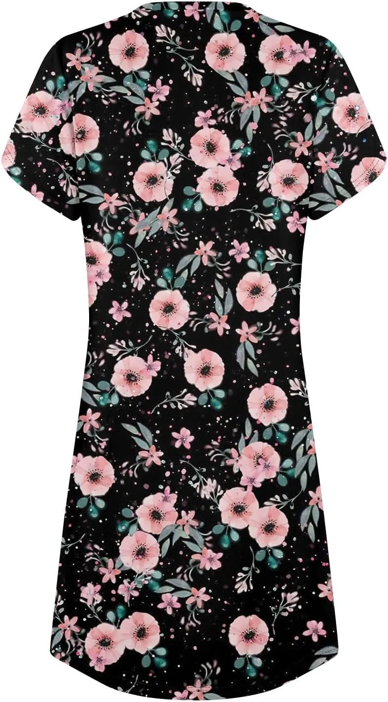 Women's Summer Dress Casual V Neck Short Sleeve Flowy Beach Loose Floral Tshirt Mini Dresses Casual, S-3XL