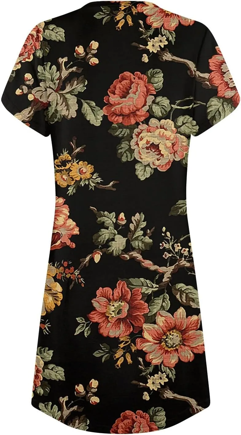 Women's Summer Dress Casual V Neck Short Sleeve Flowy Beach Loose Floral Tshirt Mini Dresses Casual, S-3XL