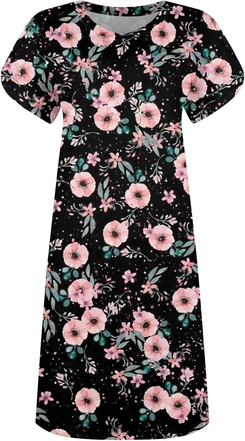 Women's Summer Dress Casual V Neck Short Sleeve Flowy Beach Loose Floral Tshirt Mini Dresses Casual, S-3XL