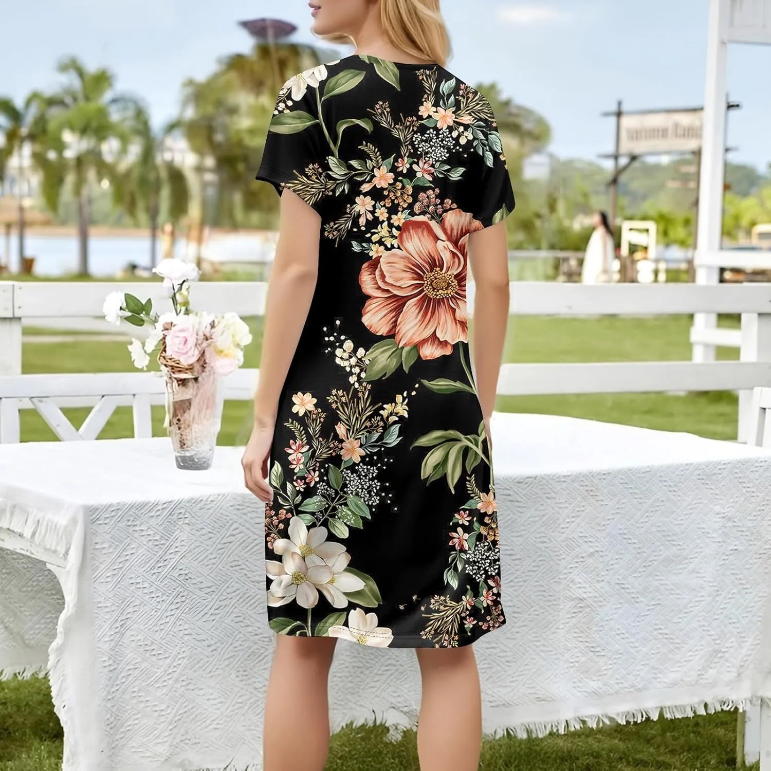 Women's Summer Dress Casual V Neck Short Sleeve Flowy Beach Loose Floral Tshirt Mini Dresses Casual, S-3XL