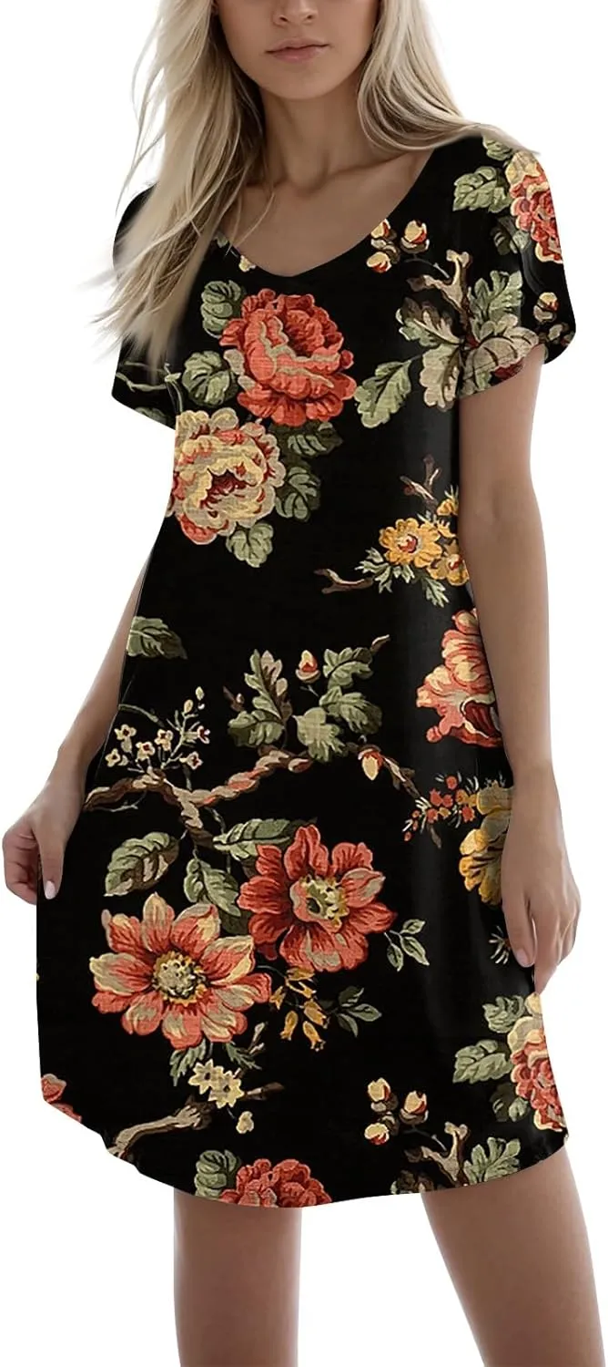 Women's Summer Dress Casual V Neck Short Sleeve Flowy Beach Loose Floral Tshirt Mini Dresses Casual, S-3XL