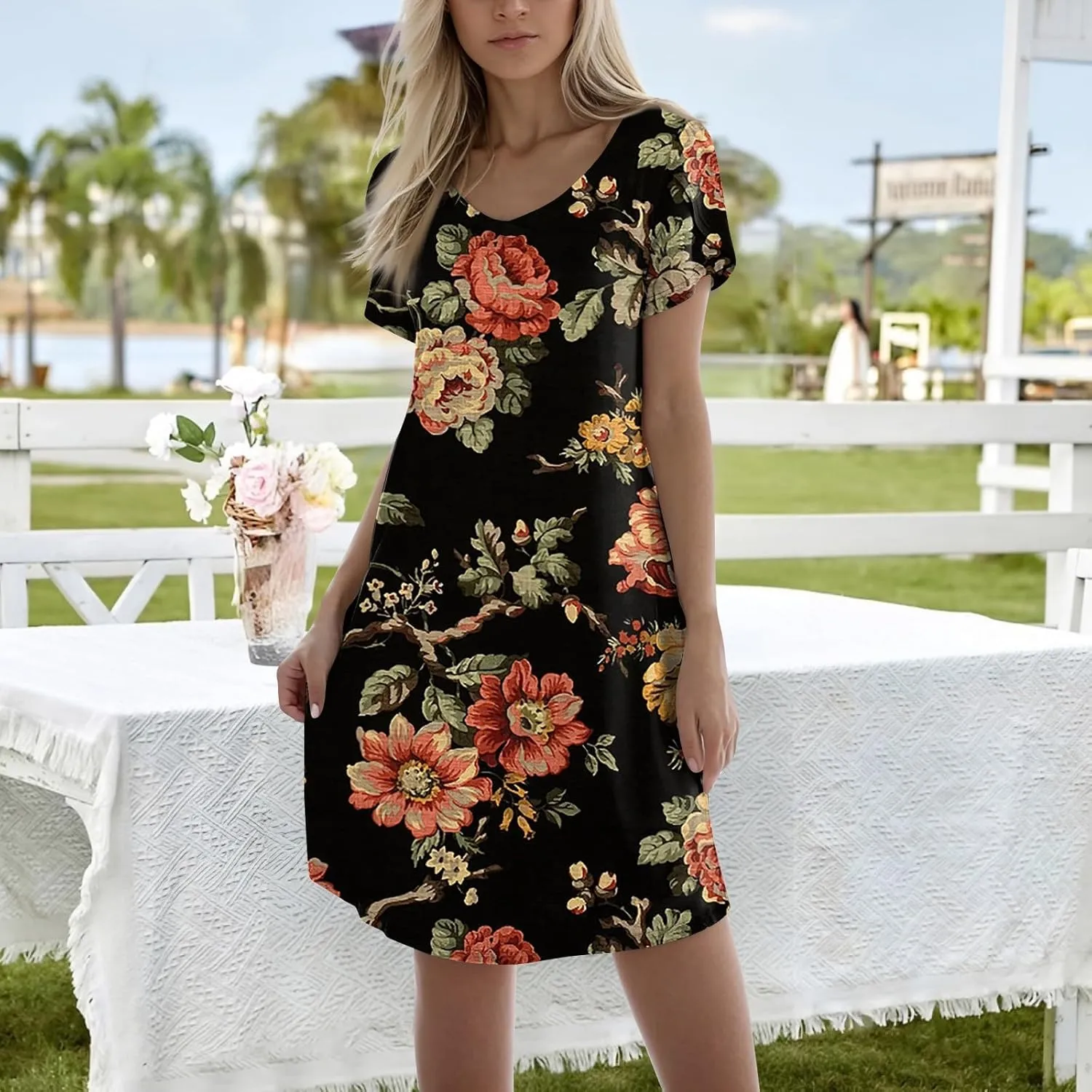 Women's Summer Dress Casual V Neck Short Sleeve Flowy Beach Loose Floral Tshirt Mini Dresses Casual, S-3XL