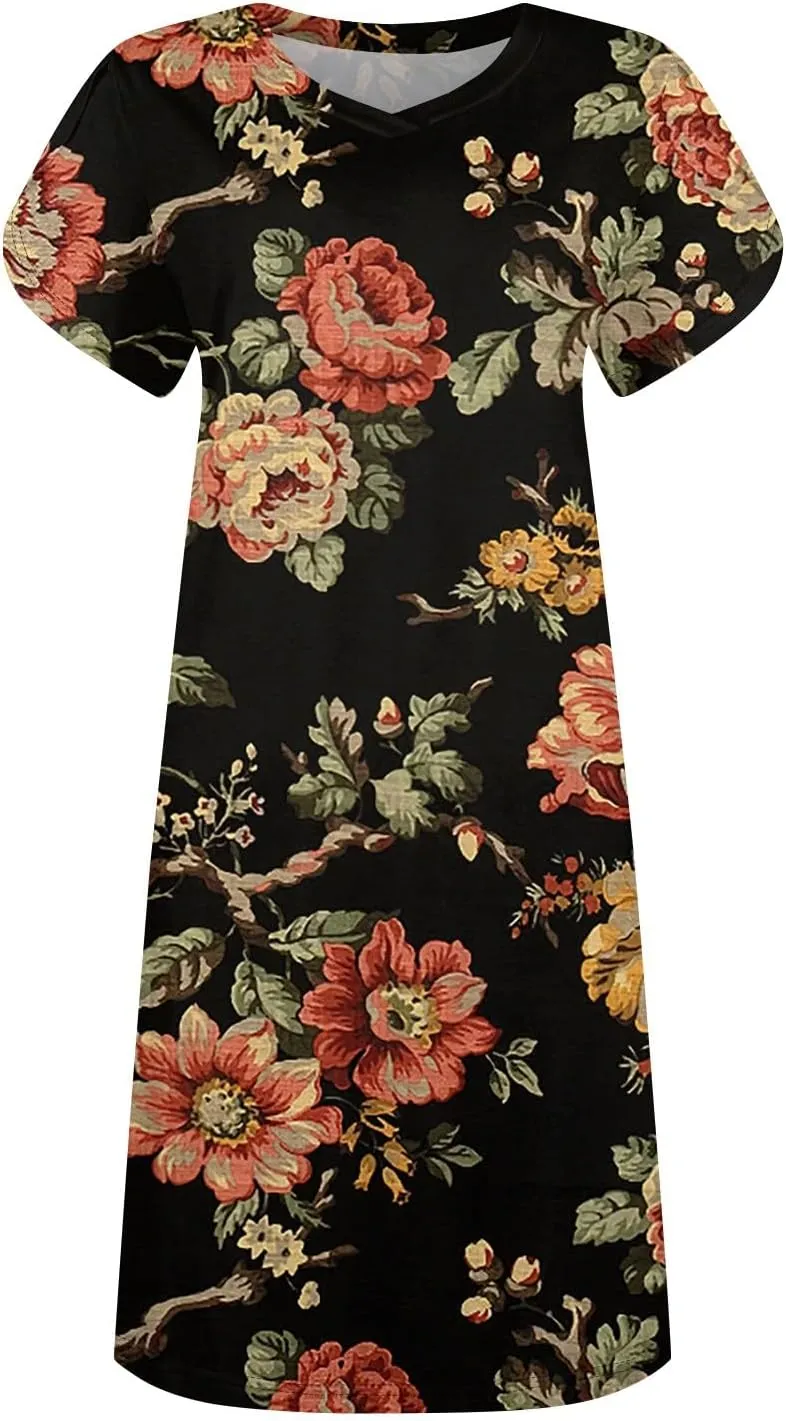 Women's Summer Dress Casual V Neck Short Sleeve Flowy Beach Loose Floral Tshirt Mini Dresses Casual, S-3XL