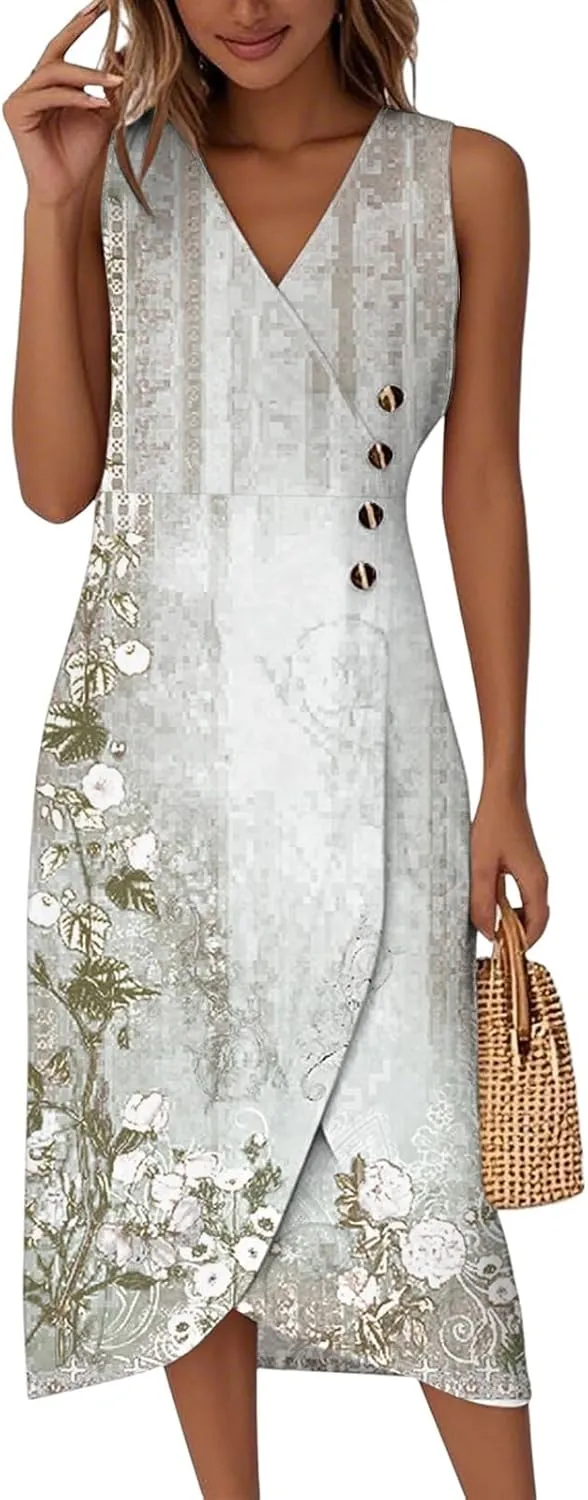 Womens Summer Dresses 2025 Dressy Casual Button V Neck Sleeveless Irregular Hem Long Dress Vacation Outfits