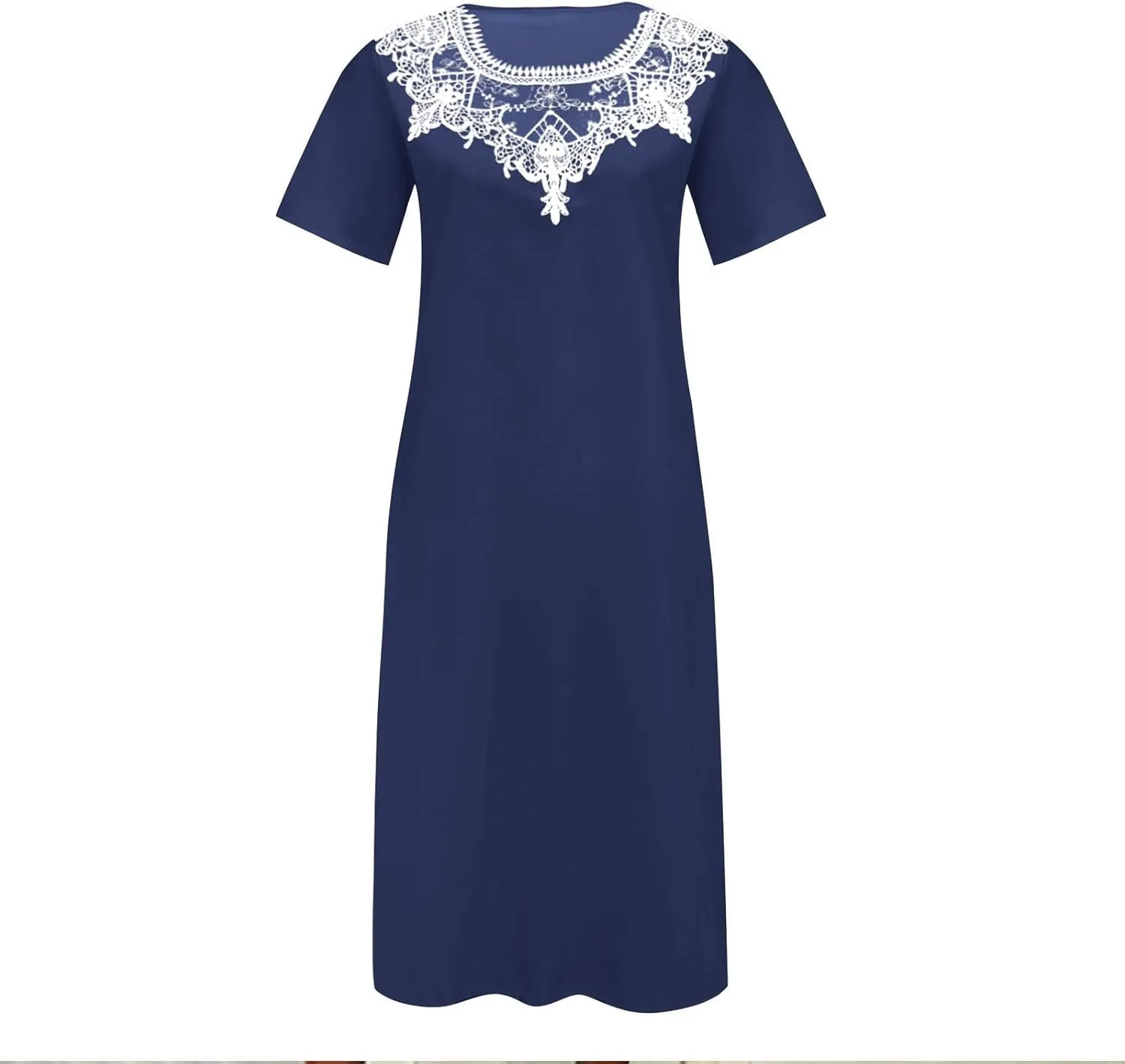 Womens Summer Dresses Beach Casual Loose Tshirt Dress Lace Neck Short Sleeve Flowy A Line Swing Sundress with Pockets