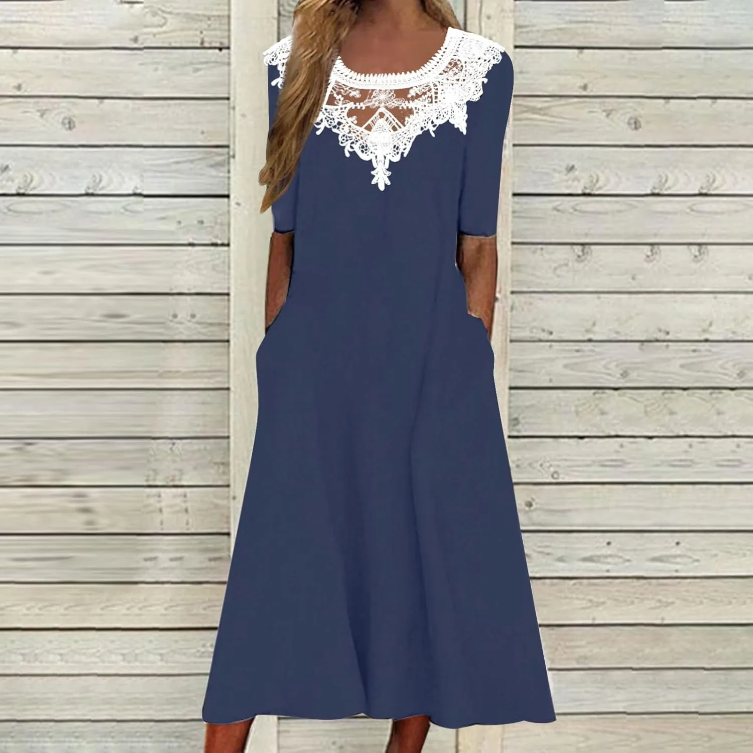 Womens Summer Dresses Beach Casual Loose Tshirt Dress Lace Neck Short Sleeve Flowy A Line Swing Sundress with Pockets