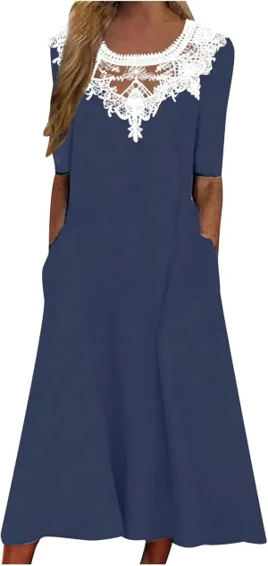 Womens Summer Dresses Beach Casual Loose Tshirt Dress Lace Neck Short Sleeve Flowy A Line Swing Sundress with Pockets