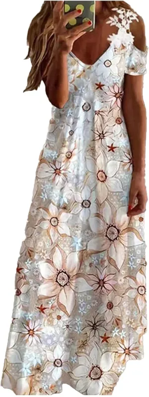 Women's Summer Dresses Boho Floral Print Loose Casual V-Neck Short Sleeve Long Maxi Dress 2024 Casual, S-3XL