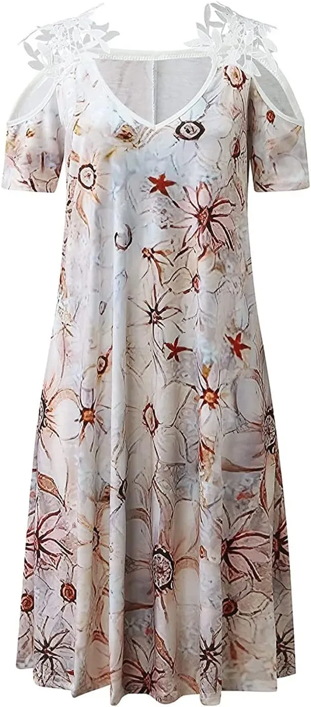 Women's Summer Dresses Boho Floral Print Loose Casual V-Neck Short Sleeve Long Maxi Dress 2024 Casual, S-3XL