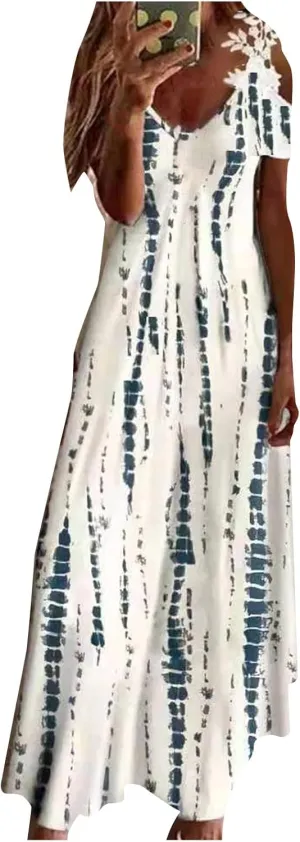 Women's Summer Dresses Boho Floral Print Loose Casual V-Neck Short Sleeve Long Maxi Dress 2024 Casual, S-3XL
