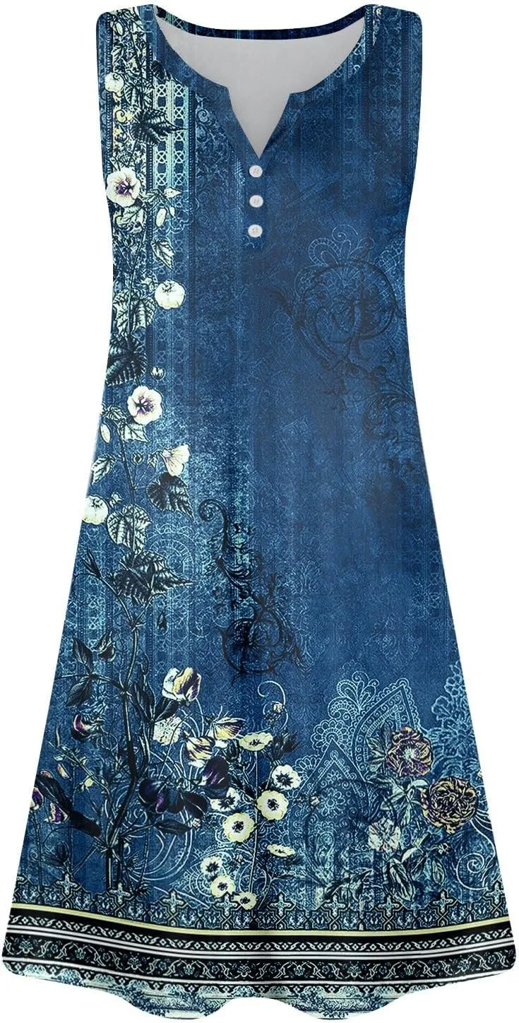 Womens Summer Dresses Casual Floral V Neck Sundresses for Women Beach Plus Size Tank Dress with Pockets