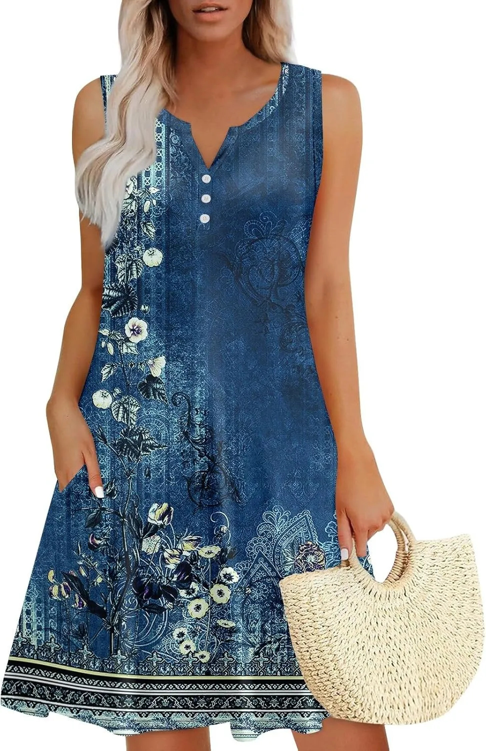 Womens Summer Dresses Casual Floral V Neck Sundresses for Women Beach Plus Size Tank Dress with Pockets