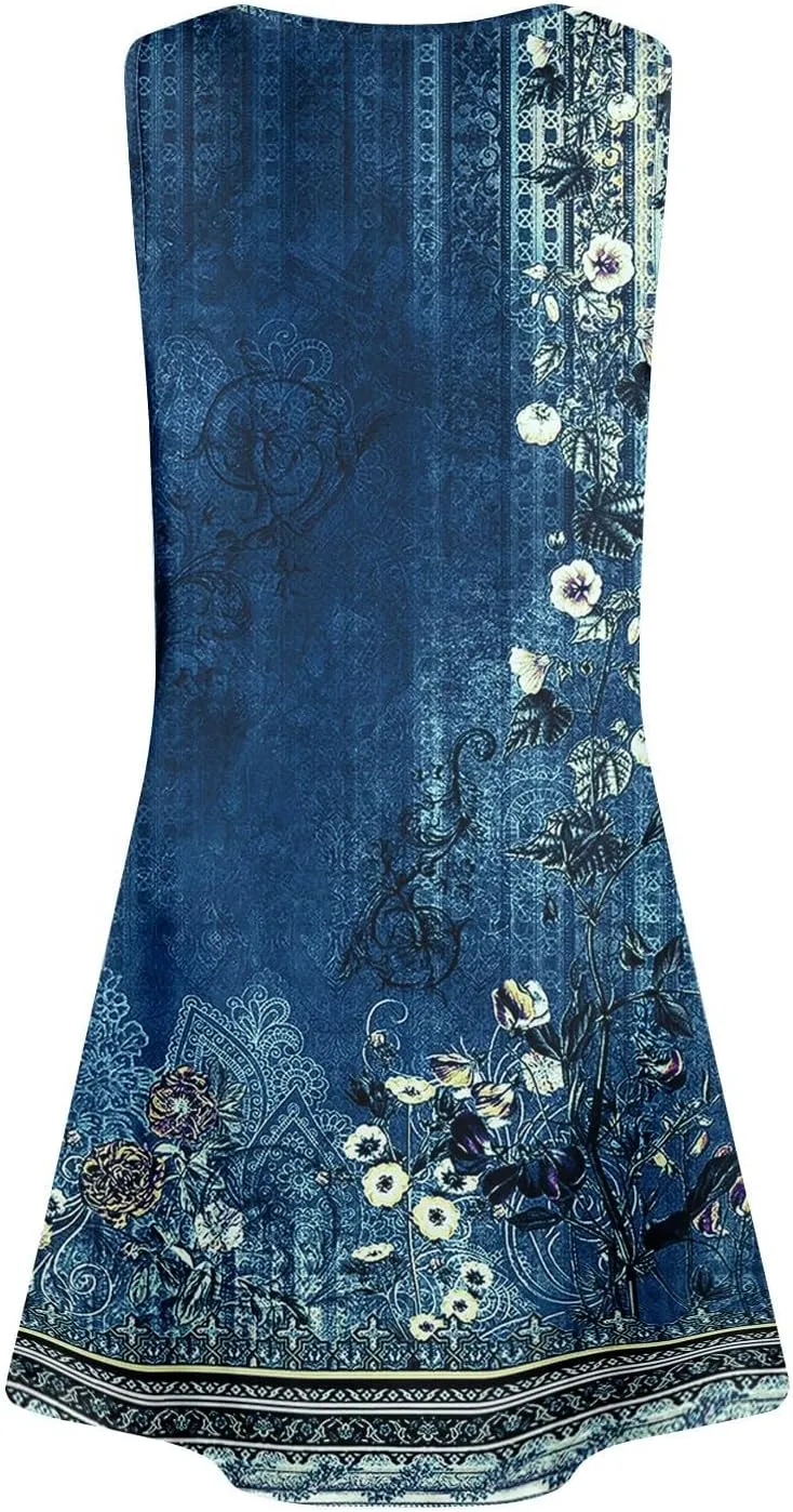 Womens Summer Dresses Casual Floral V Neck Sundresses for Women Beach Plus Size Tank Dress with Pockets