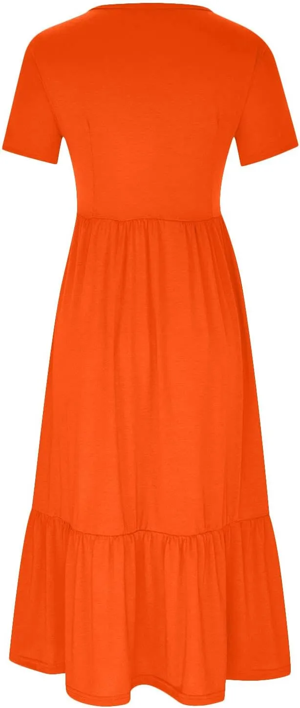 Womens Summer Dresses Comfy Pleated Ruffle Hem T Shirt Dress Cute Plain Tiered Maxi Beach Dress with Pockets