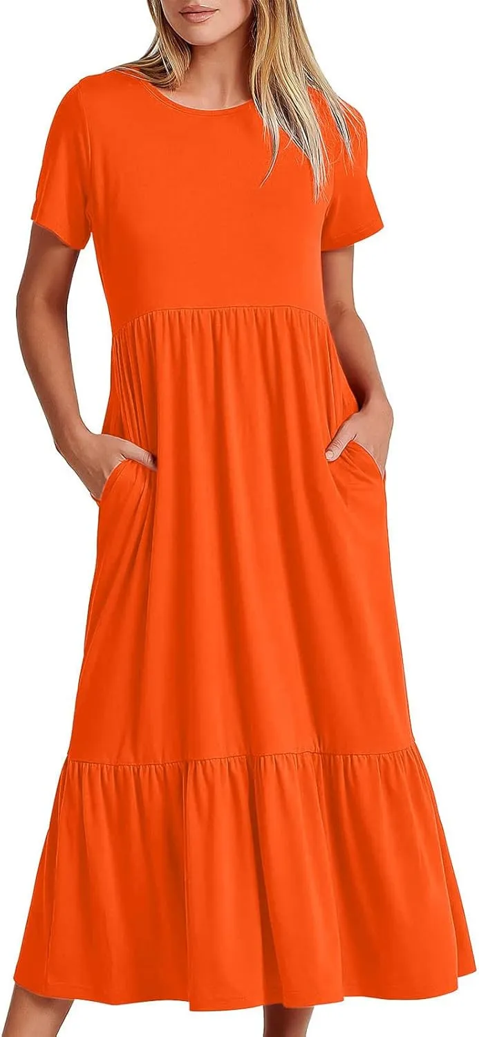 Womens Summer Dresses Comfy Pleated Ruffle Hem T Shirt Dress Cute Plain Tiered Maxi Beach Dress with Pockets