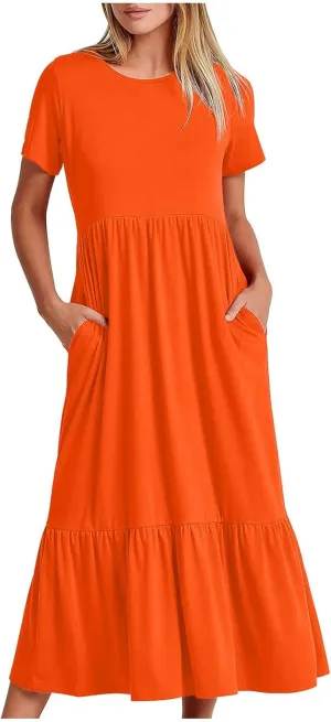 Womens Summer Dresses Comfy Pleated Ruffle Hem T Shirt Dress Cute Plain Tiered Maxi Beach Dress with Pockets