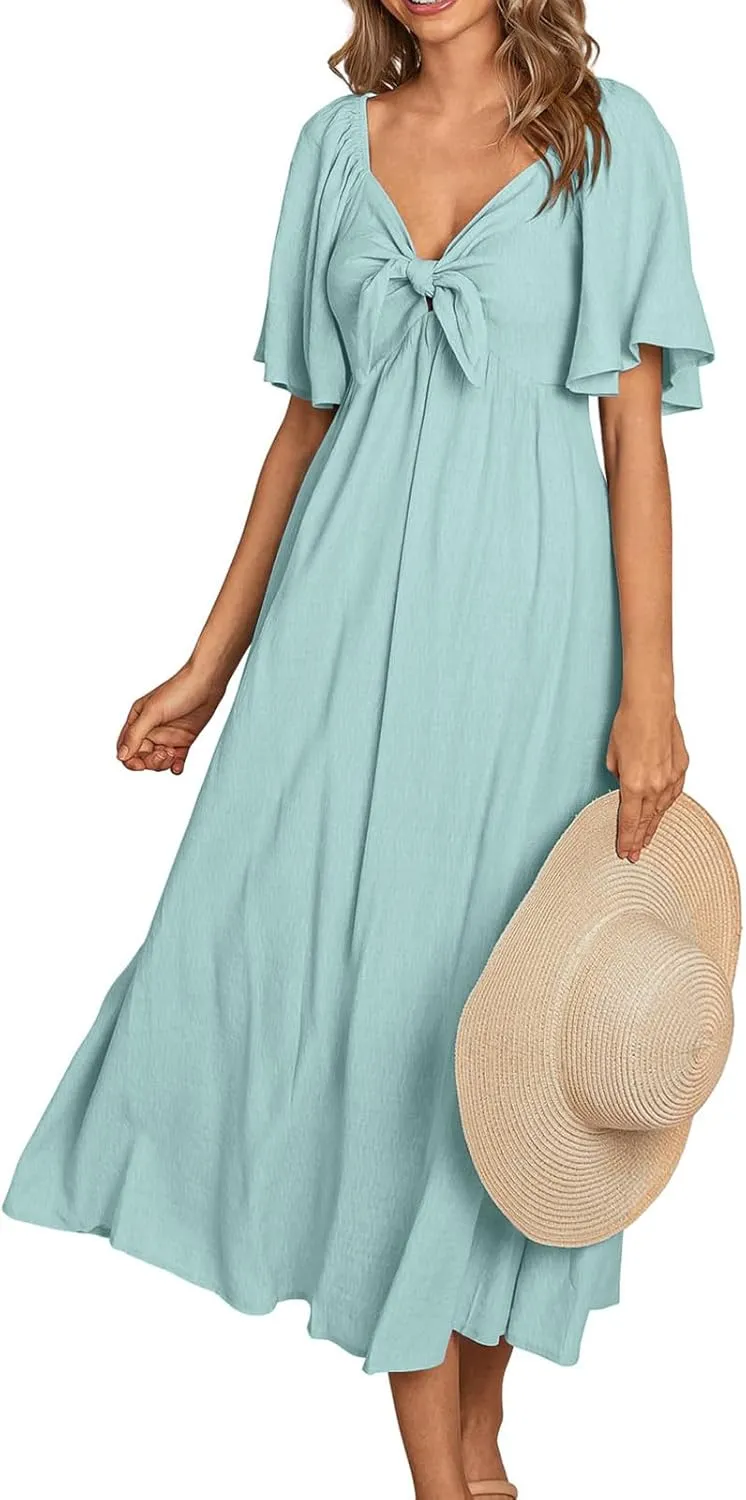 Women's Summer Long Dresses Casual Short Sleeve Flowy Swing Boho Dresses Deep V Neck Elegant Bow tie Beach Dress