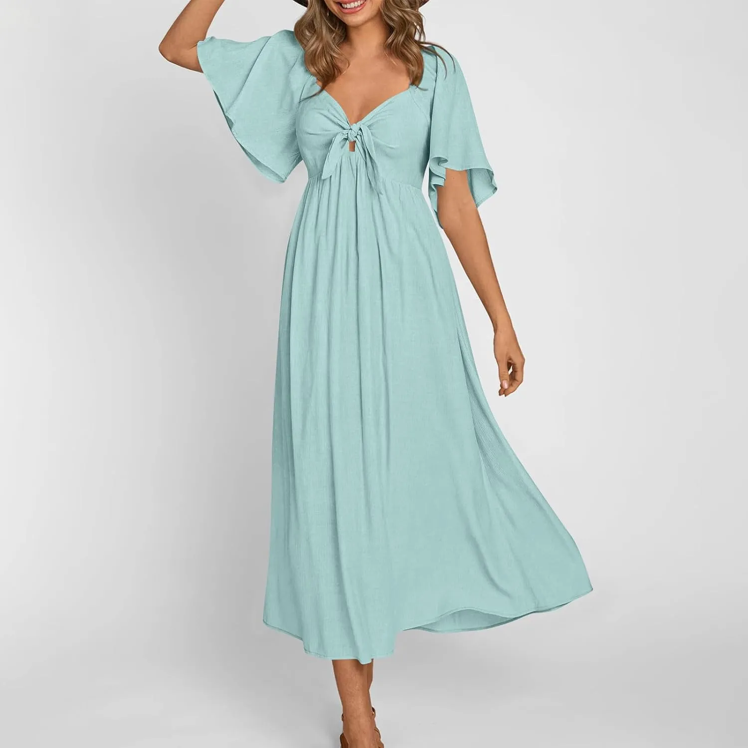 Women's Summer Long Dresses Casual Short Sleeve Flowy Swing Boho Dresses Deep V Neck Elegant Bow tie Beach Dress