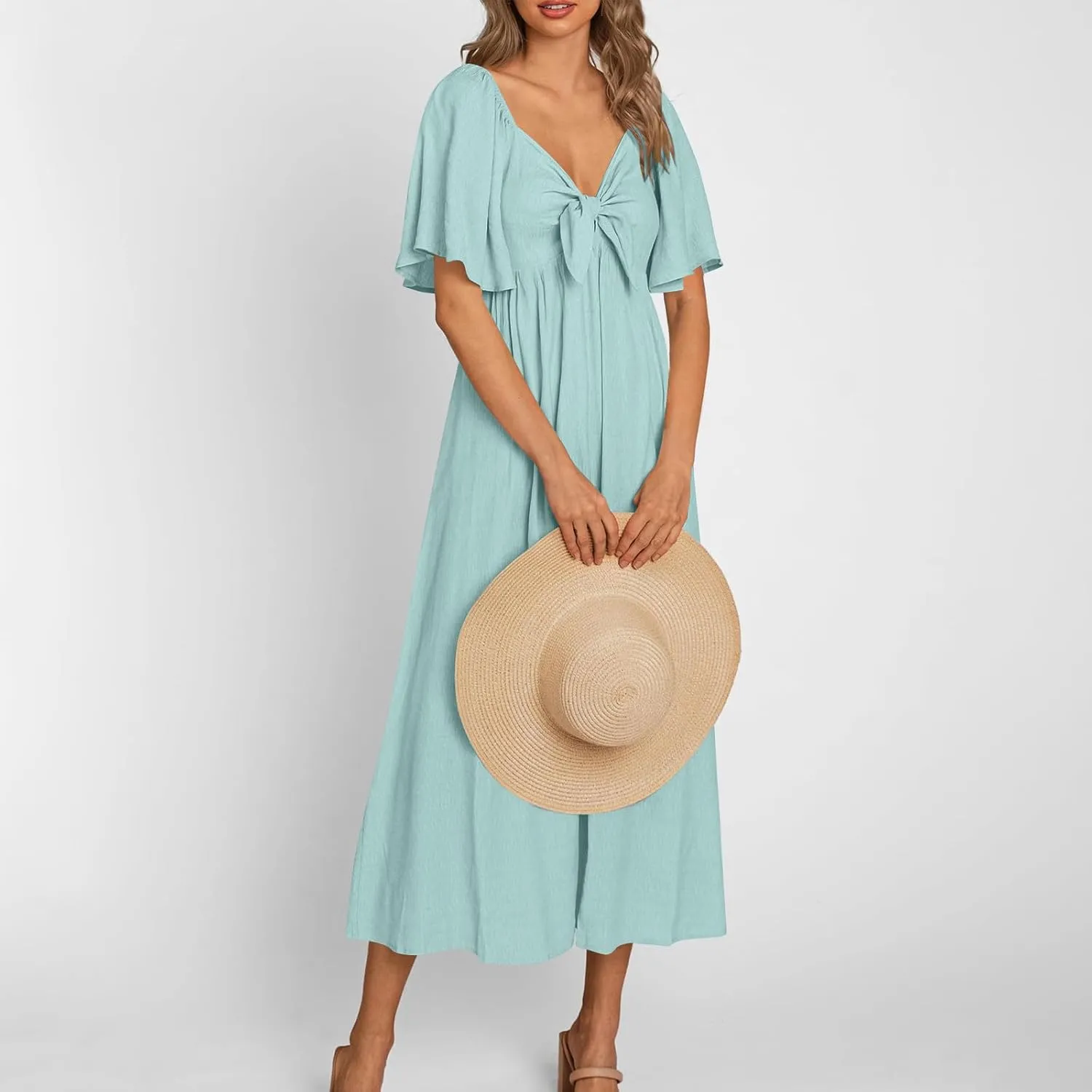 Women's Summer Long Dresses Casual Short Sleeve Flowy Swing Boho Dresses Deep V Neck Elegant Bow tie Beach Dress
