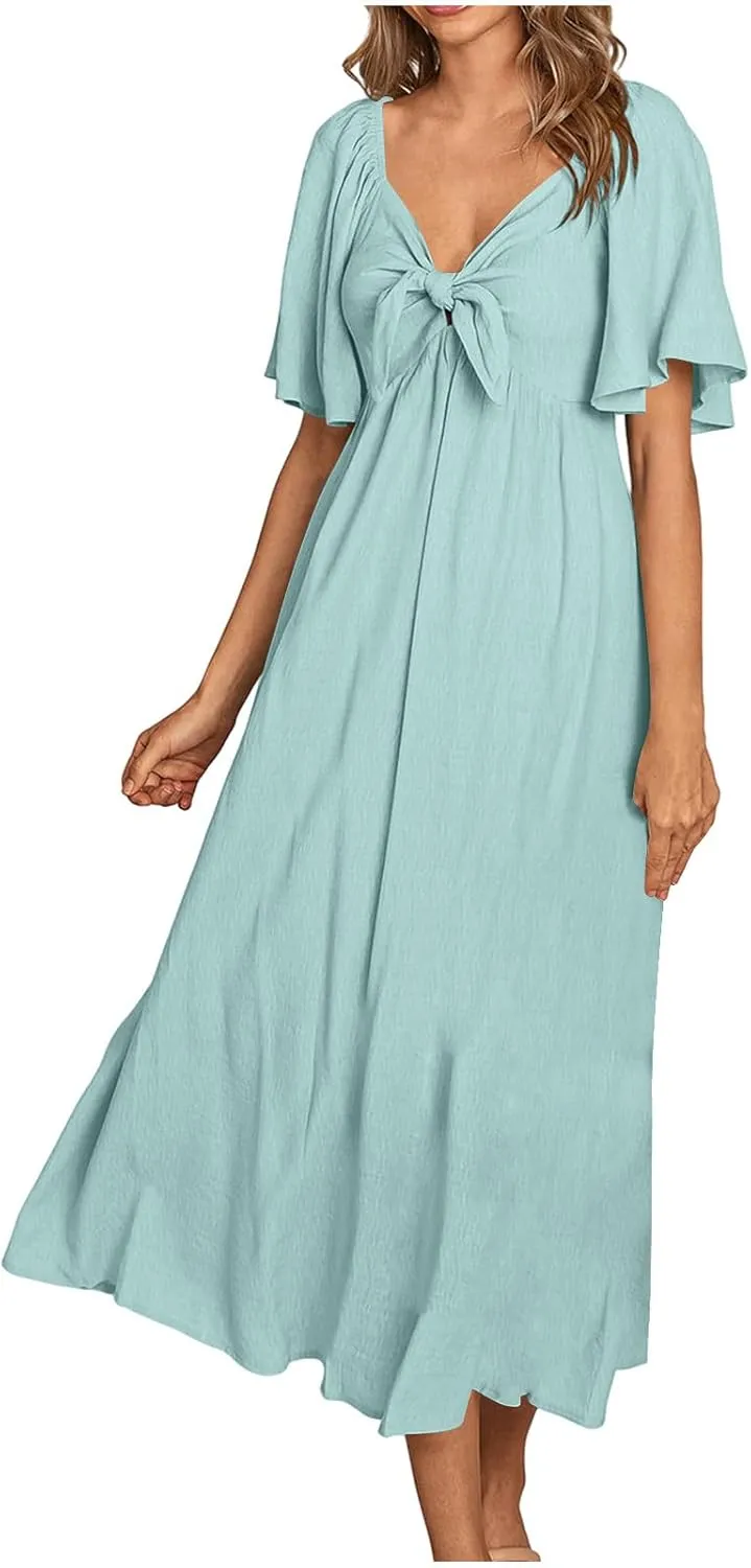 Women's Summer Long Dresses Casual Short Sleeve Flowy Swing Boho Dresses Deep V Neck Elegant Bow tie Beach Dress