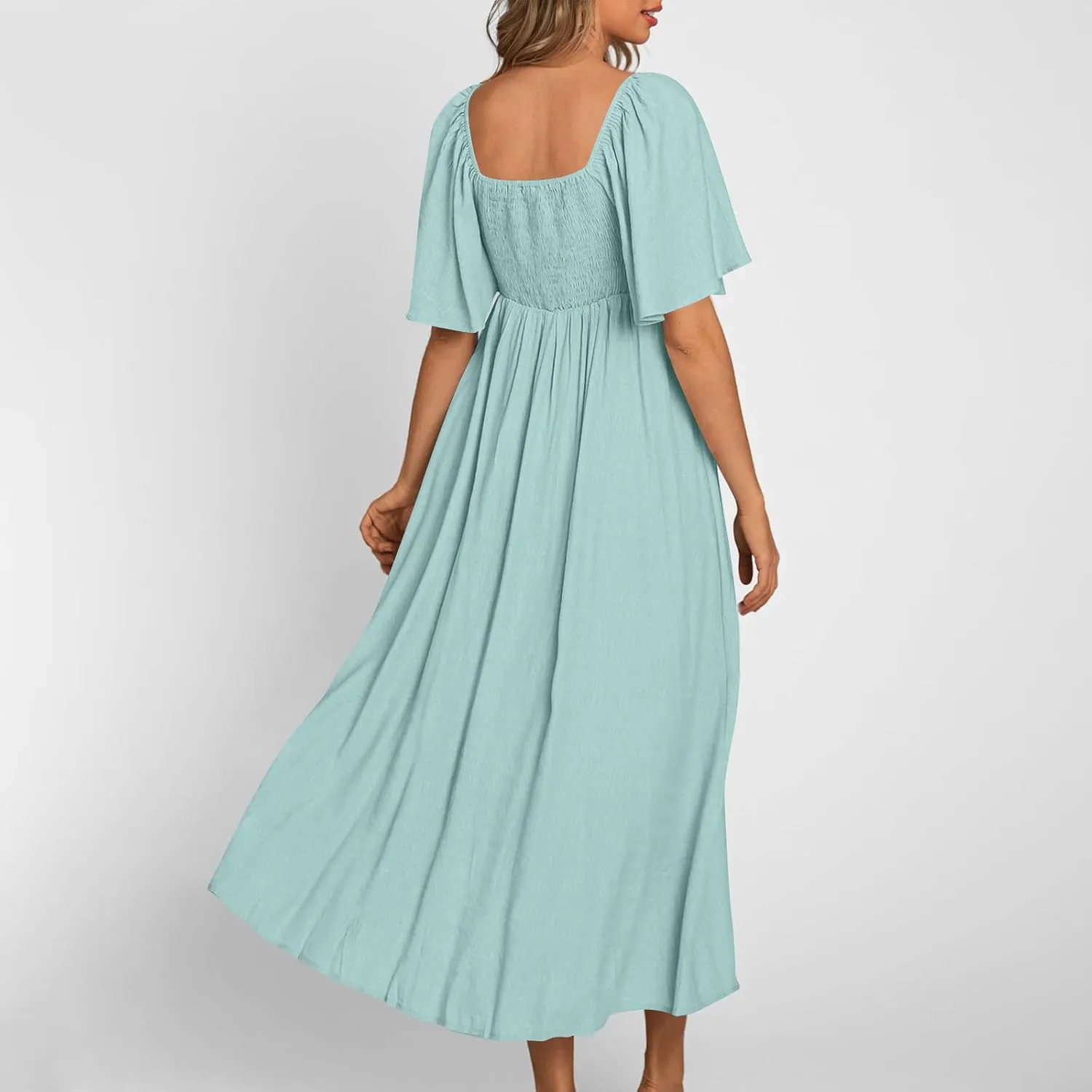 Women's Summer Long Dresses Casual Short Sleeve Flowy Swing Boho Dresses Deep V Neck Elegant Bow tie Beach Dress
