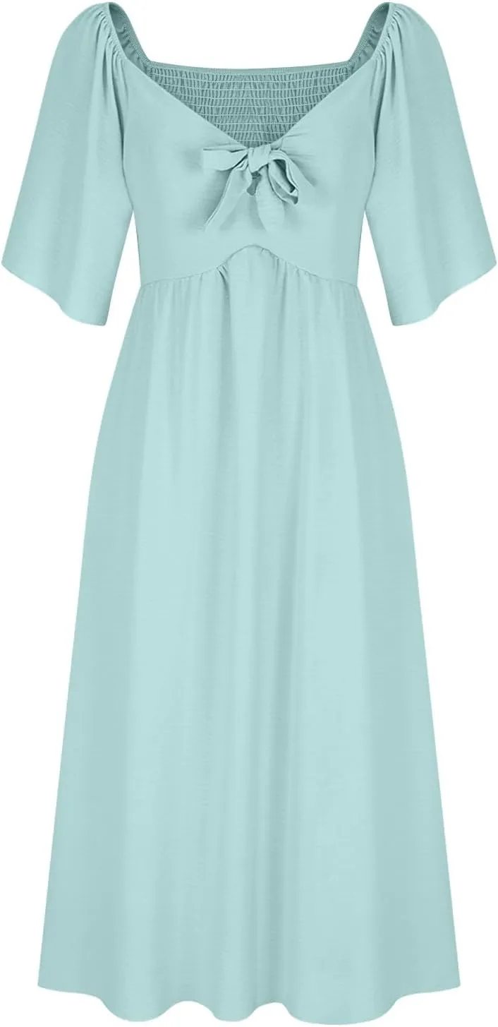 Women's Summer Long Dresses Casual Short Sleeve Flowy Swing Boho Dresses Deep V Neck Elegant Bow tie Beach Dress