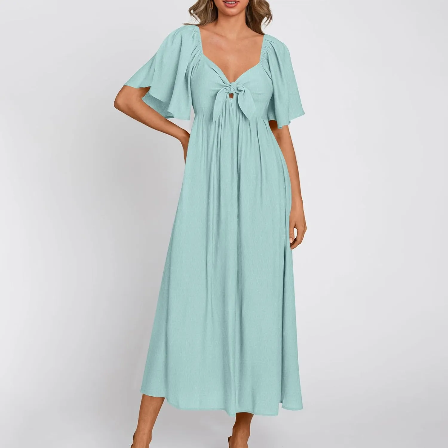 Women's Summer Long Dresses Casual Short Sleeve Flowy Swing Boho Dresses Deep V Neck Elegant Bow tie Beach Dress