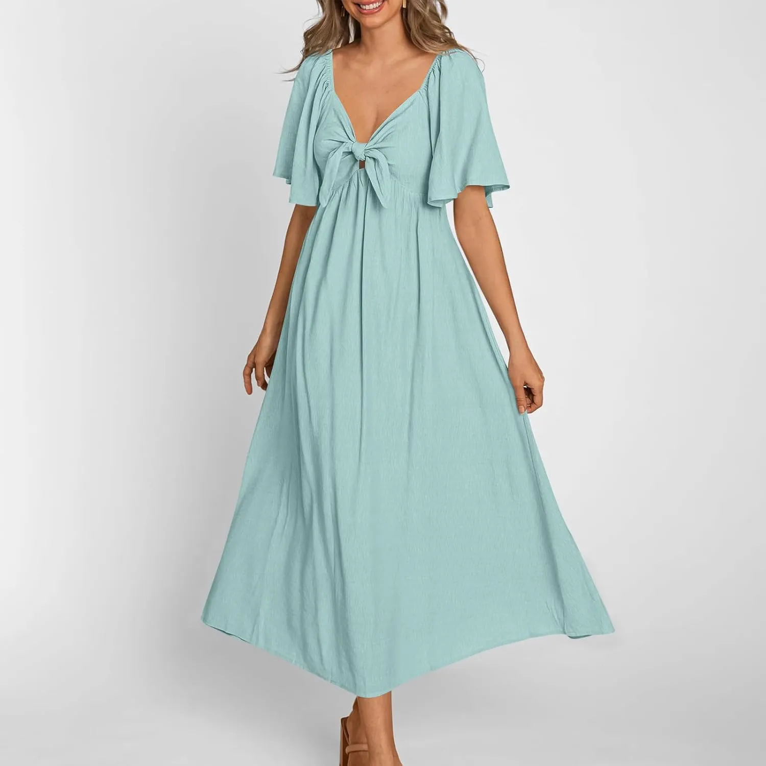 Women's Summer Long Dresses Casual Short Sleeve Flowy Swing Boho Dresses Deep V Neck Elegant Bow tie Beach Dress