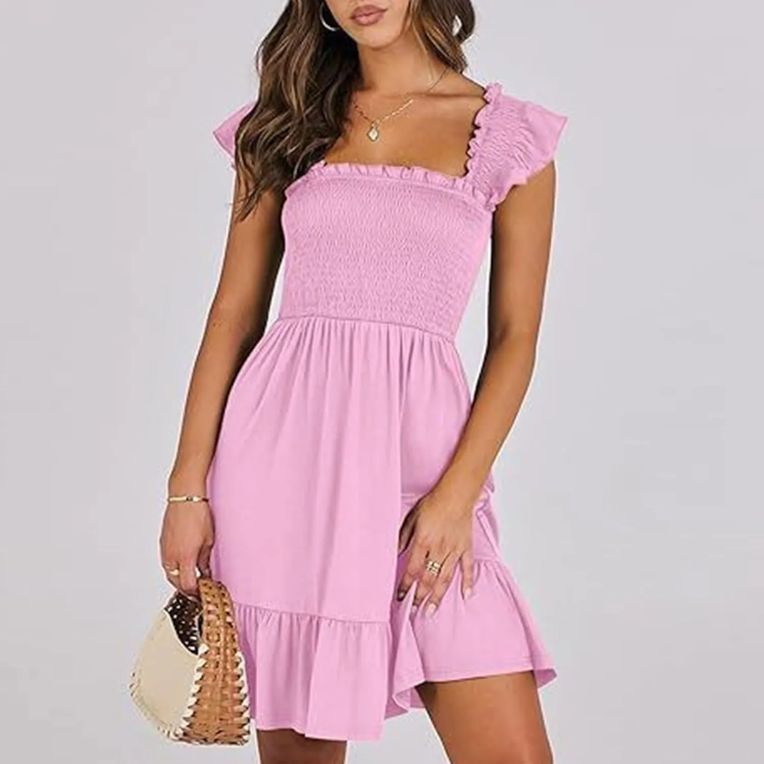 Womens Summer Ruffle Dresses Elastic Empire Waist Smocked A-line Layered Swing Flowy Mini Dress Bodydoll Sundress