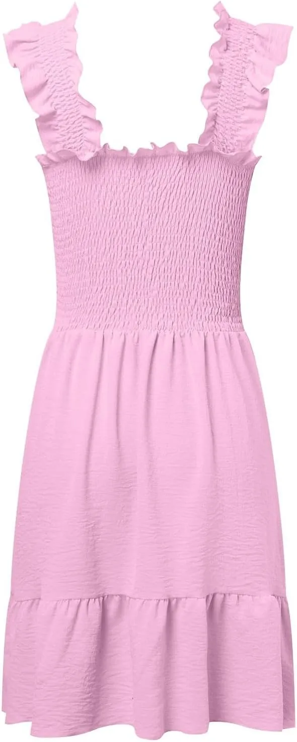 Womens Summer Ruffle Dresses Elastic Empire Waist Smocked A-line Layered Swing Flowy Mini Dress Bodydoll Sundress