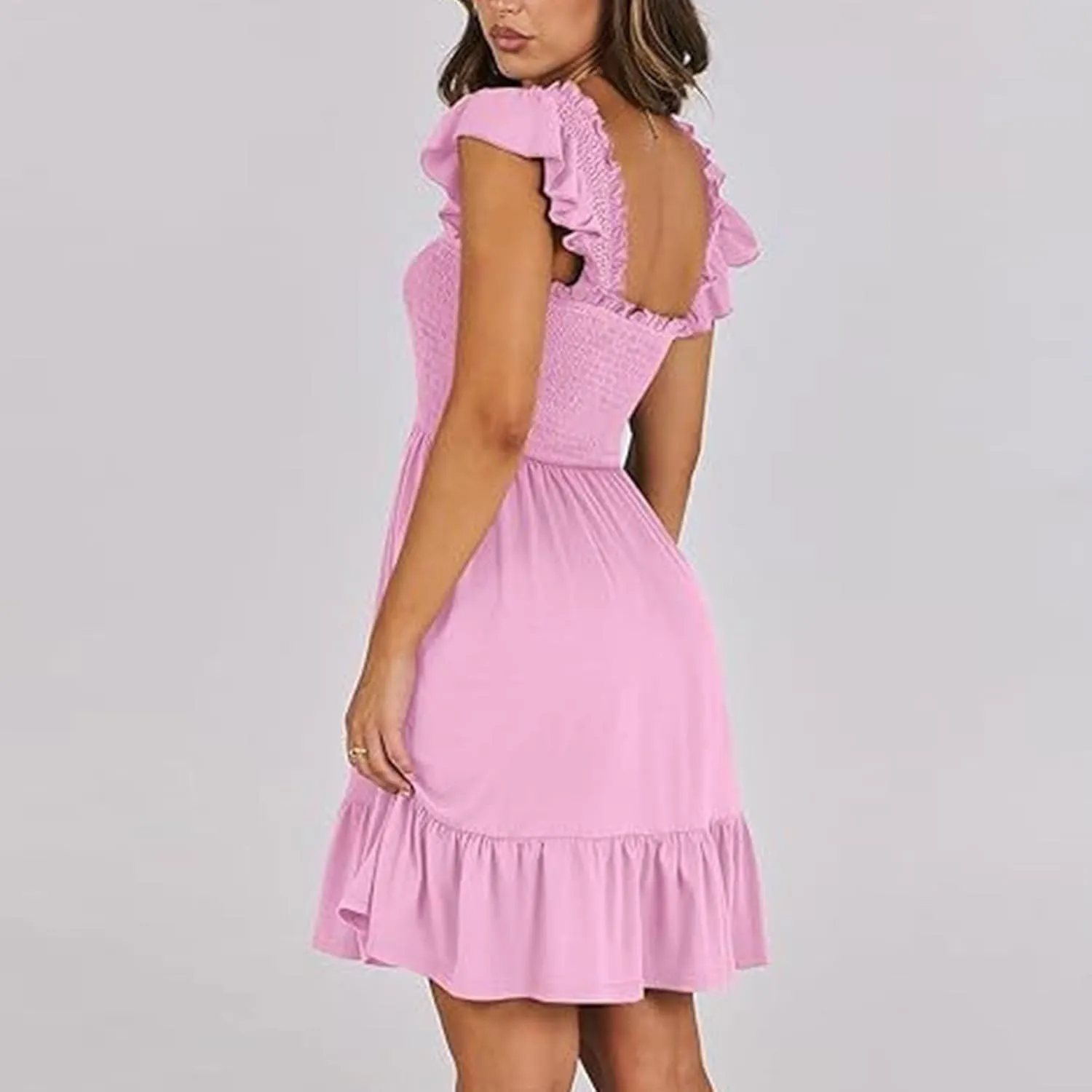 Womens Summer Ruffle Dresses Elastic Empire Waist Smocked A-line Layered Swing Flowy Mini Dress Bodydoll Sundress