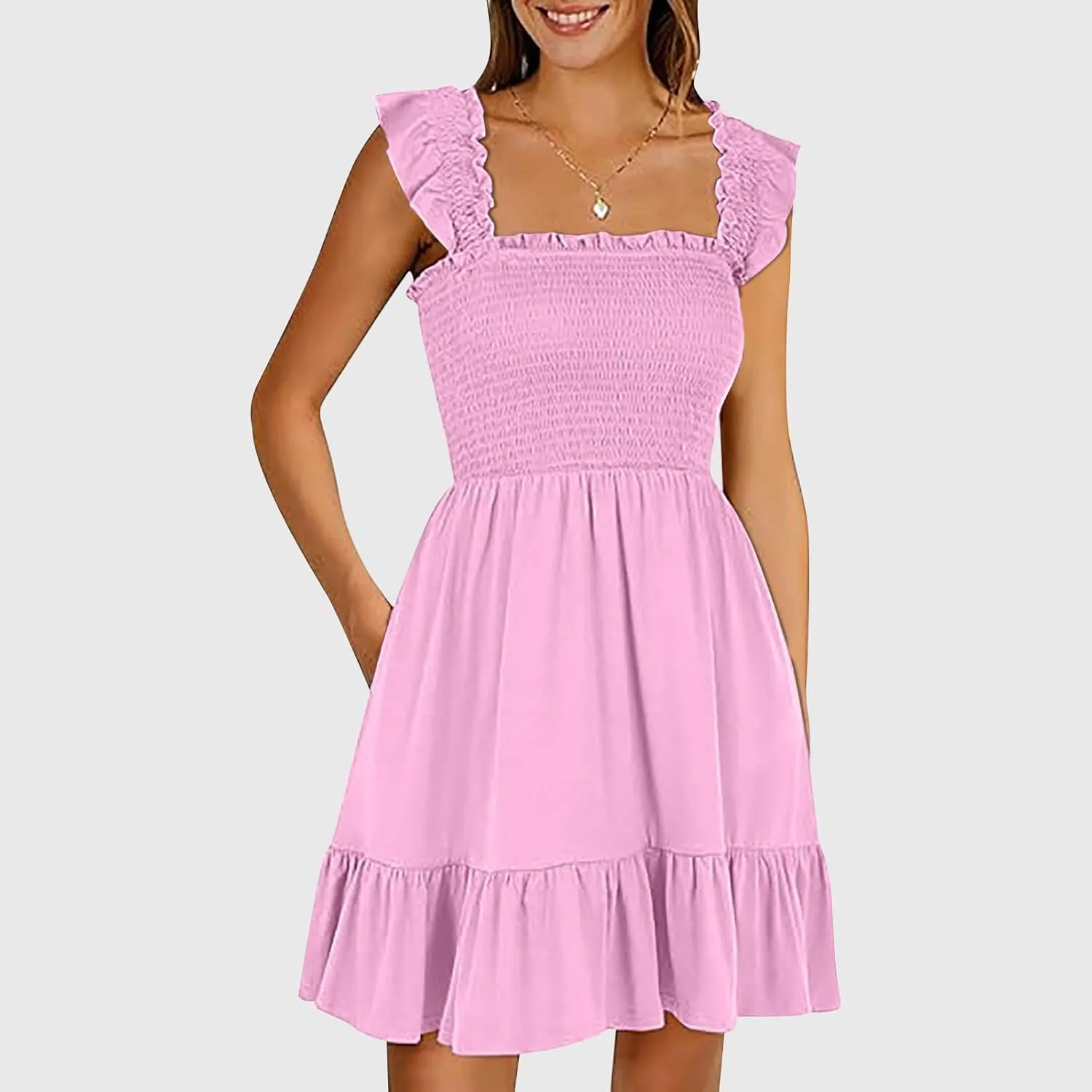 Womens Summer Ruffle Dresses Elastic Empire Waist Smocked A-line Layered Swing Flowy Mini Dress Bodydoll Sundress