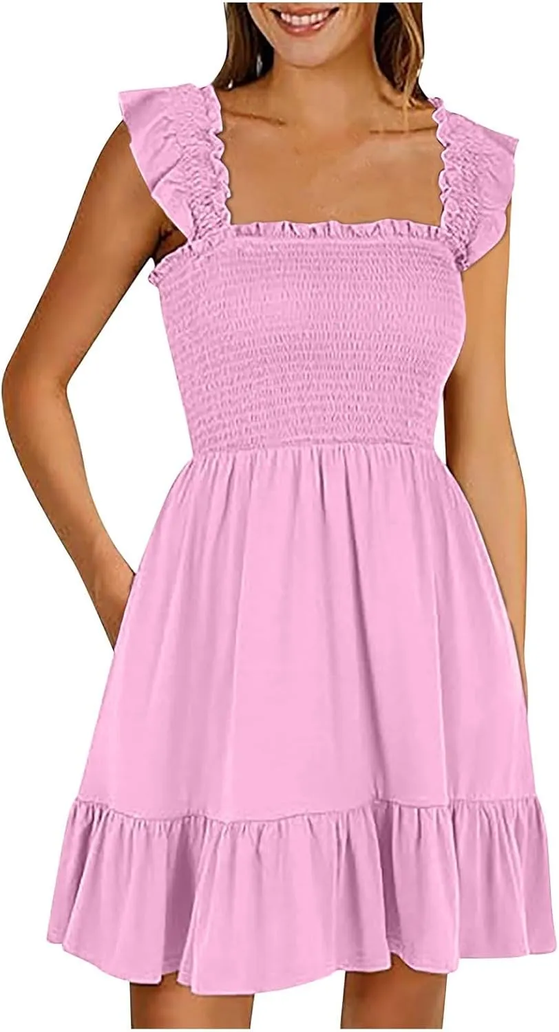 Womens Summer Ruffle Dresses Elastic Empire Waist Smocked A-line Layered Swing Flowy Mini Dress Bodydoll Sundress