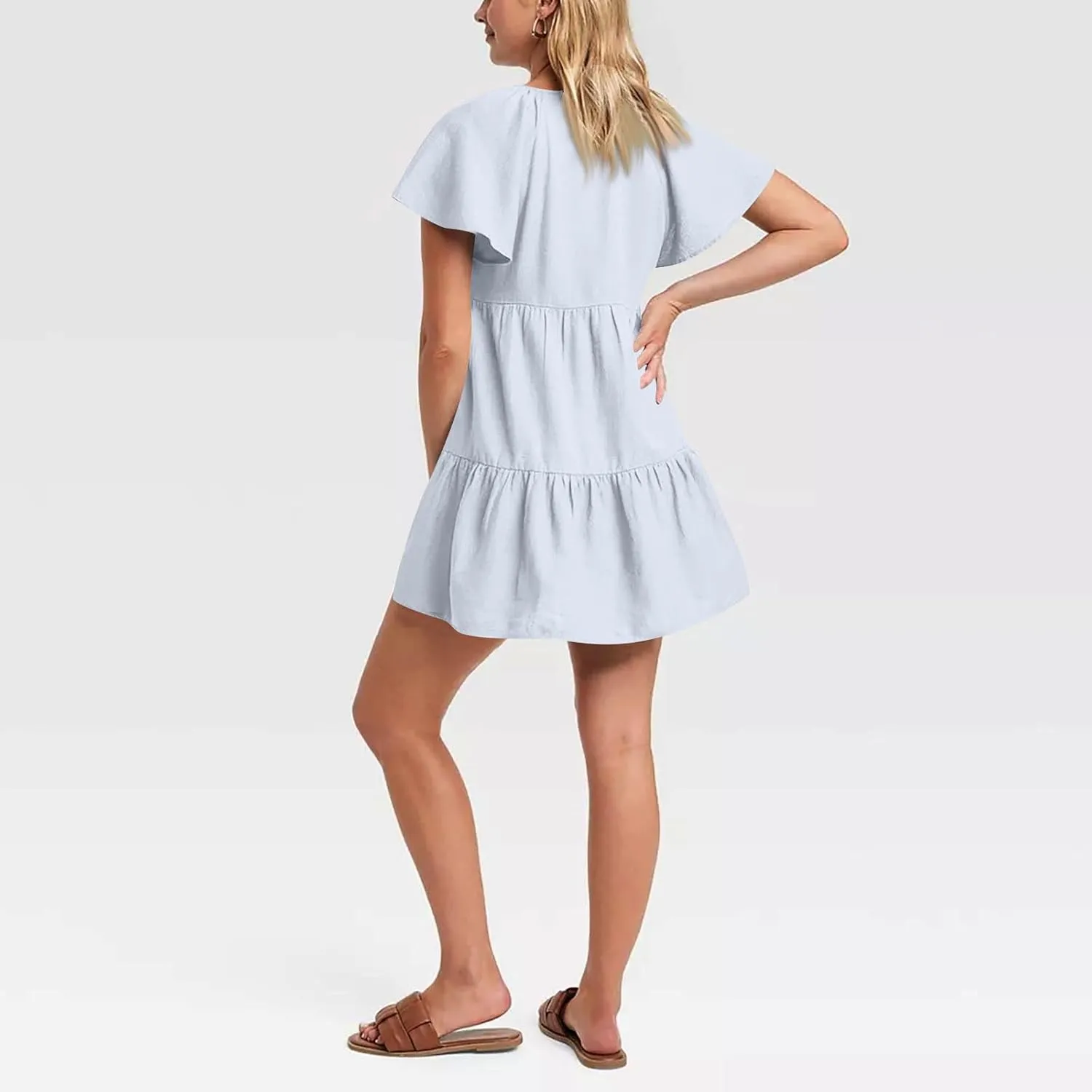 Womens Summer Ruffle Sleeve V Neck Mini Dress 2024 Fashion Casual Flowy A Line Tiered Boho Beach Vacation Sundress