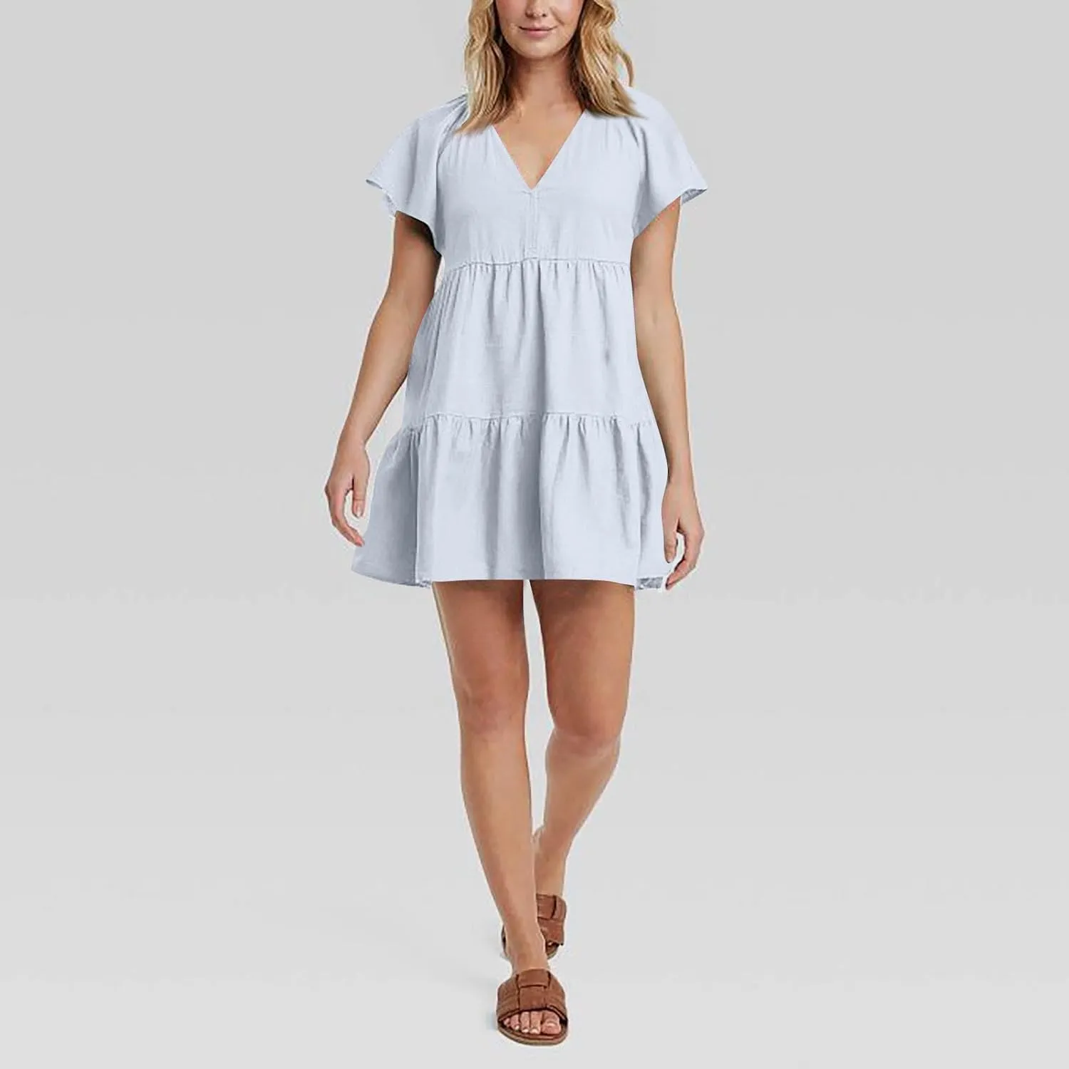 Womens Summer Ruffle Sleeve V Neck Mini Dress 2024 Fashion Casual Flowy A Line Tiered Boho Beach Vacation Sundress