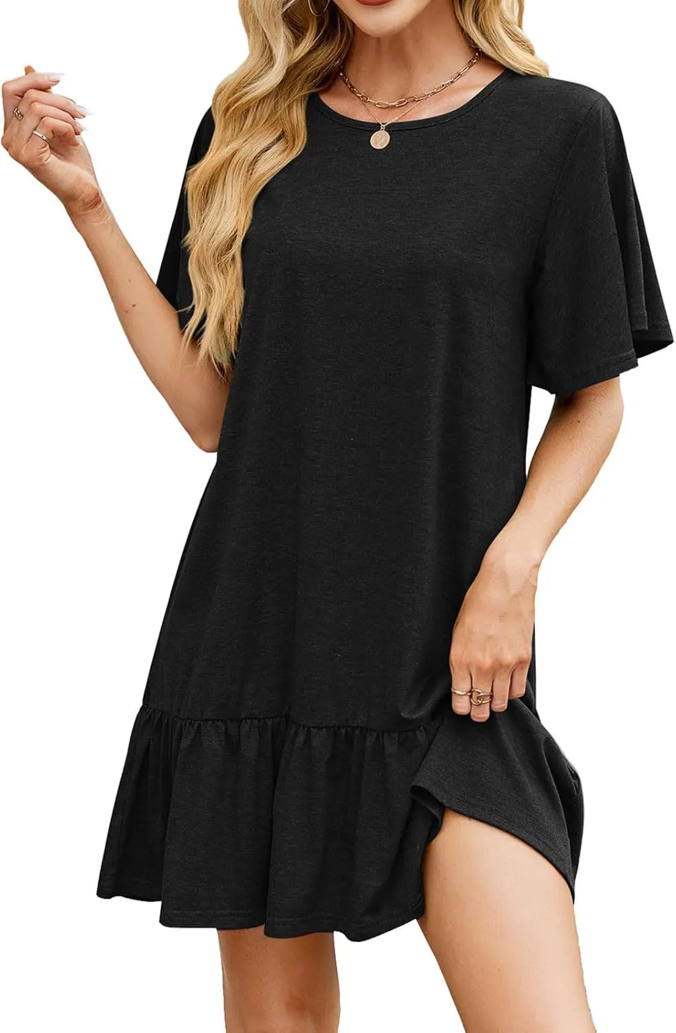 Womens Summer T Shirt Dress Ruffle Hem Casual Short Sleeve Crewneck Dresses Loose Fit Vacation Mini Dresses