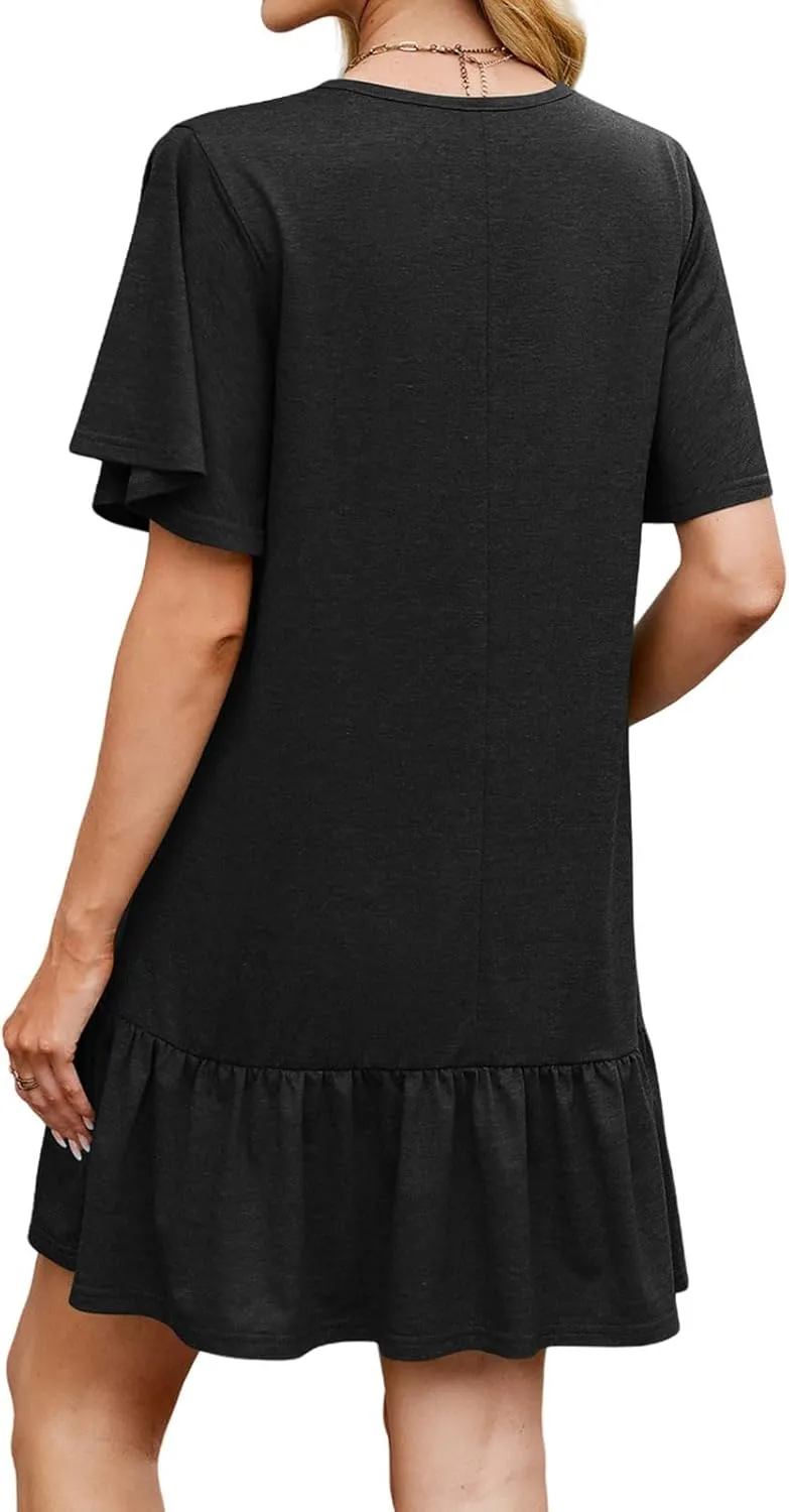 Womens Summer T Shirt Dress Ruffle Hem Casual Short Sleeve Crewneck Dresses Loose Fit Vacation Mini Dresses