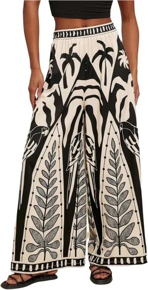 Women's Tropical Print Palazzo Pants Boho Elastic High Waist Wide Leg Casual Pants Vacation Beach Holiday Trousers