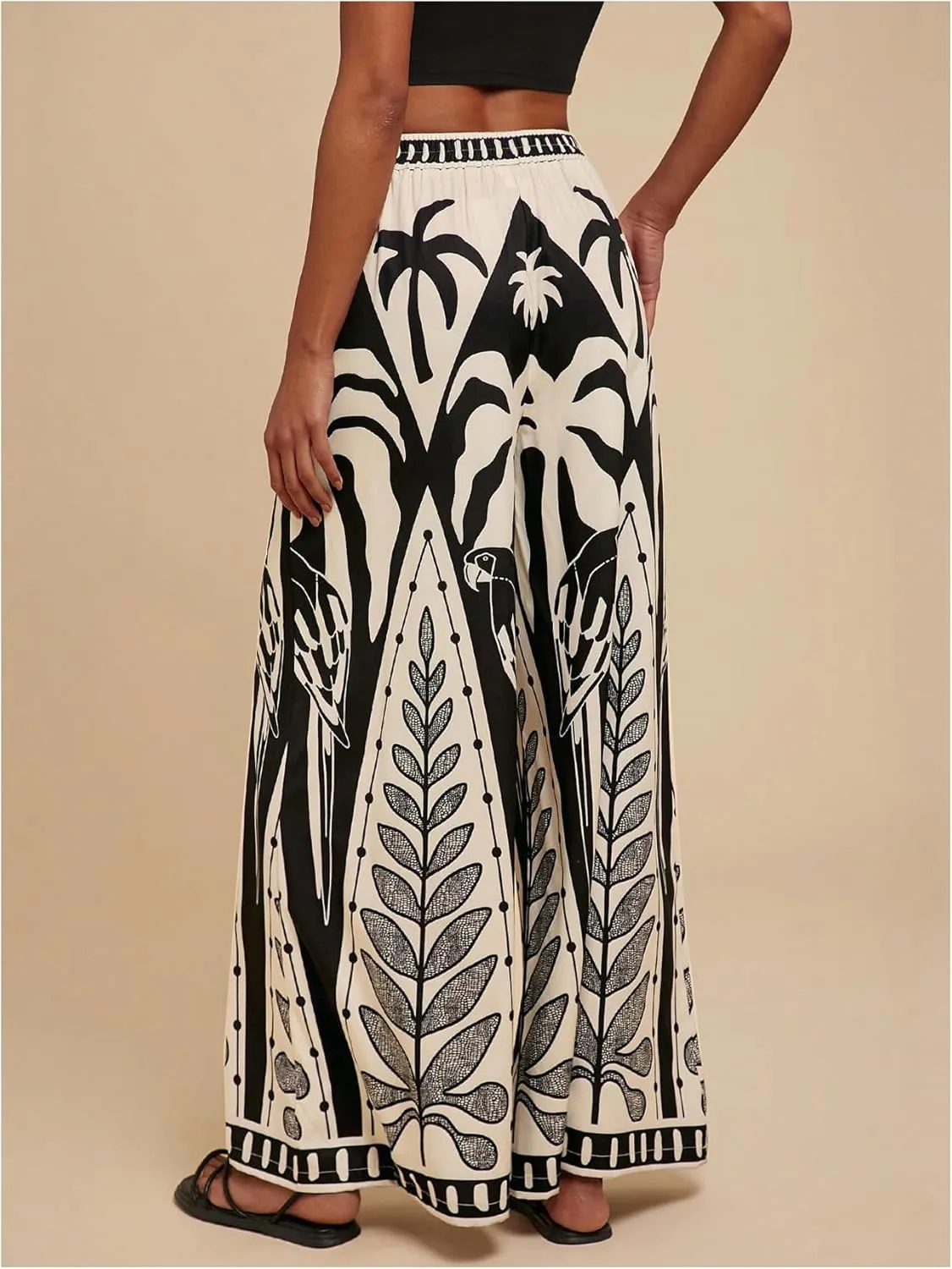 Women's Tropical Print Palazzo Pants Boho Elastic High Waist Wide Leg Casual Pants Vacation Beach Holiday Trousers