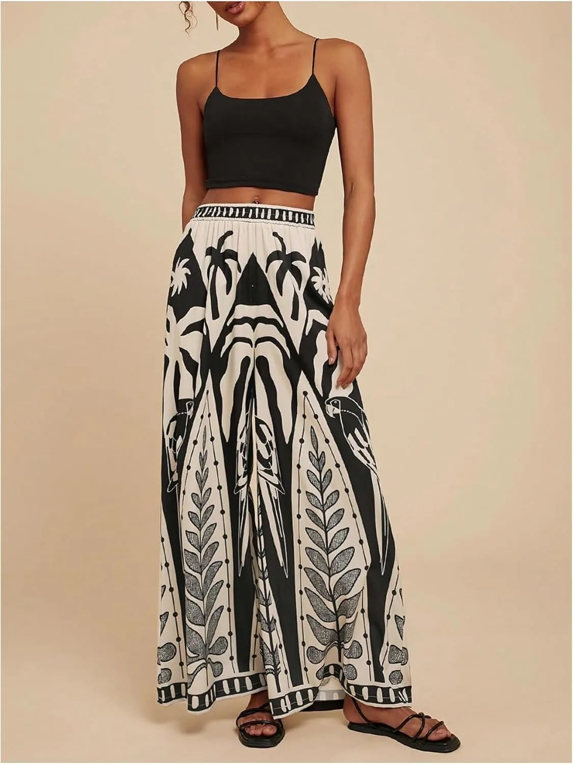 Women's Tropical Print Palazzo Pants Boho Elastic High Waist Wide Leg Casual Pants Vacation Beach Holiday Trousers