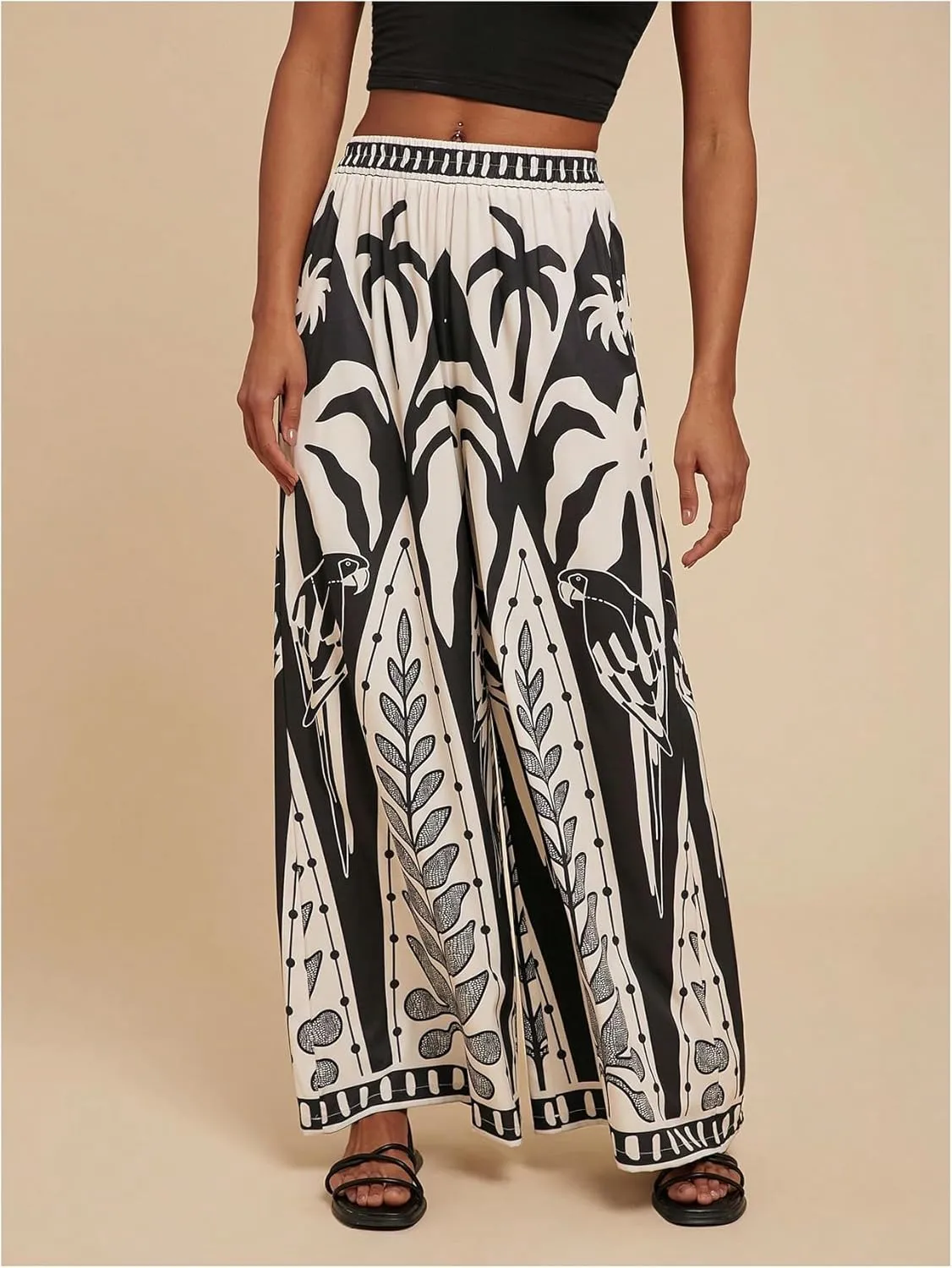 Women's Tropical Print Palazzo Pants Boho Elastic High Waist Wide Leg Casual Pants Vacation Beach Holiday Trousers