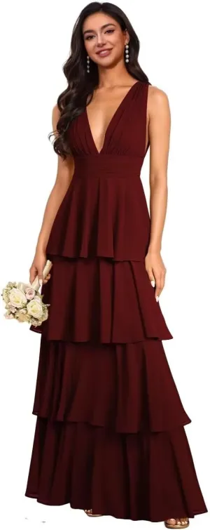 Women's V Neck Chiffon Bridesmaid Dresses Long Ruffles Tiered Formal Evening Dress Wedding Guest Gown 2025