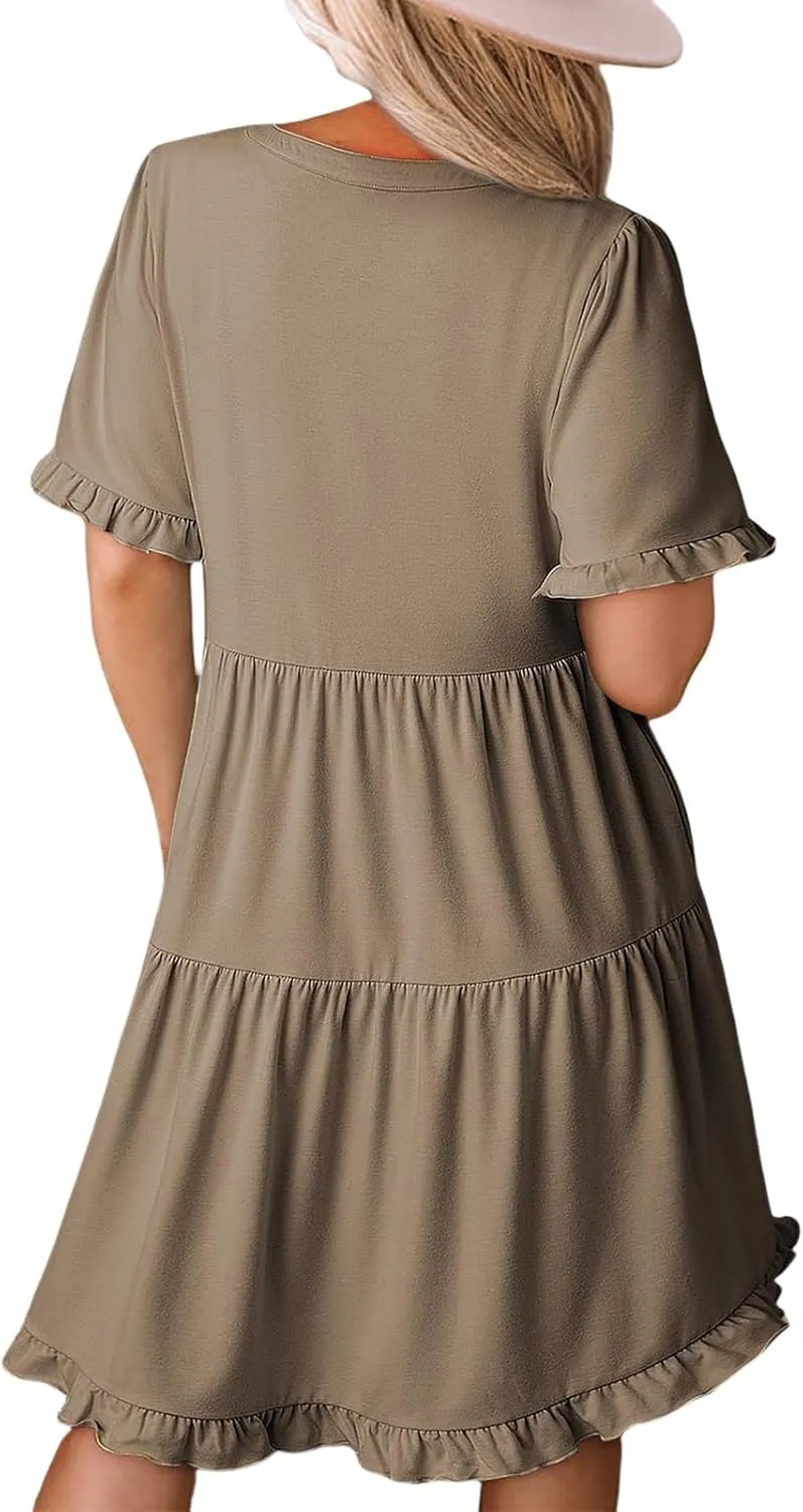 Women's V Neck Tunic Dresses Ruffle Sleeve A Line Tiered Flowy Swing Shift Dress Mini Loose Fit Dress Sundress 2025